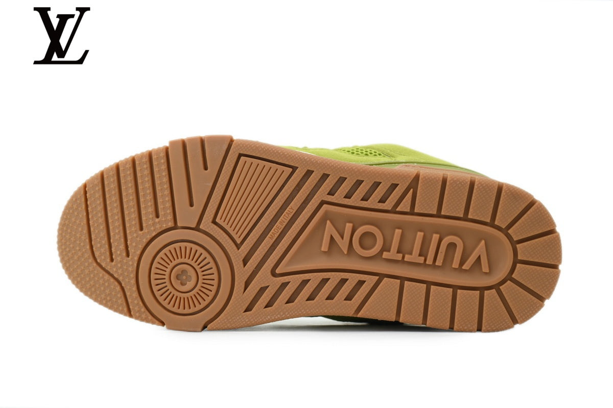 Louis Vuitton Trainer  shoes for man  women Sneaker – Olive Green Suede & Mesh with Gum Sole