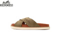 Hermès Olive Green Suede Cross-Strap Slide Sandal