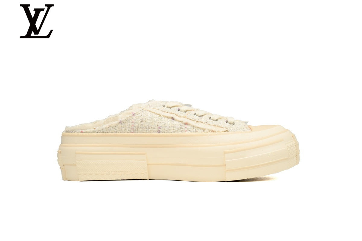 Louis Vuitton Platform Mule Sneaker – Off-White Woven Fabric with Frayed Edge