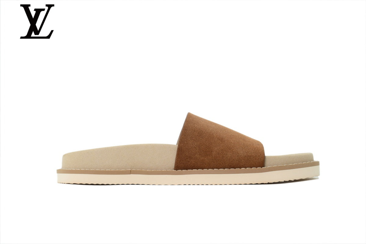 Louis Vuitton shoes for man  women Single Strap Slide Sandal – Tan Suede Leather & Beige Footbed