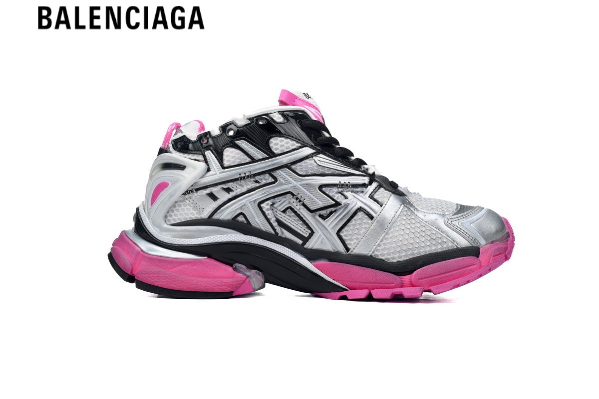 Balenciaga Runner men's shoes  women sneakers— Silver Mesh, Black & Pink Synthetic Overlays