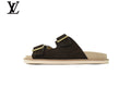 Louis Vuitton Double Buckle Slide Sandal – Dark Brown Suede Leather & Beige Footbed