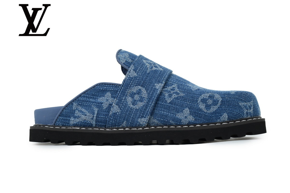 louis vuitton shoes for man  women Blue Monogram-Pattern Denim Mules | Sizes 35–46
