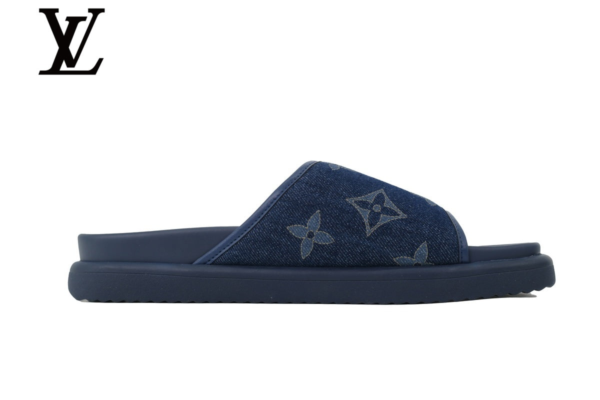 louis vuitton shoes for man  women sneakers Navy Blue Monogram-Pattern Denim-Look Slides | Sizes 35–46