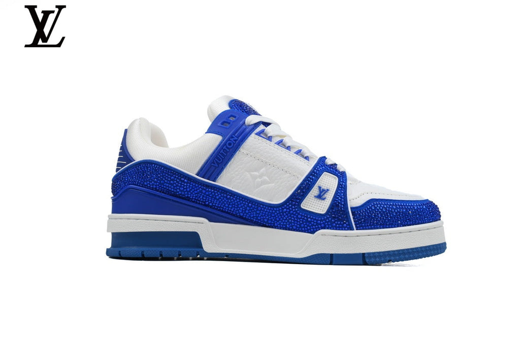 Louis Vuitton LV shoes for man  women Trainer Sneaker – White & Blue Rhinestone