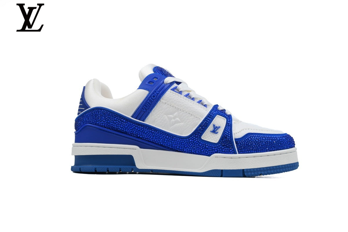 Louis Vuitton LV shoes for man  women Trainer Sneaker – White & Blue Rhinestone