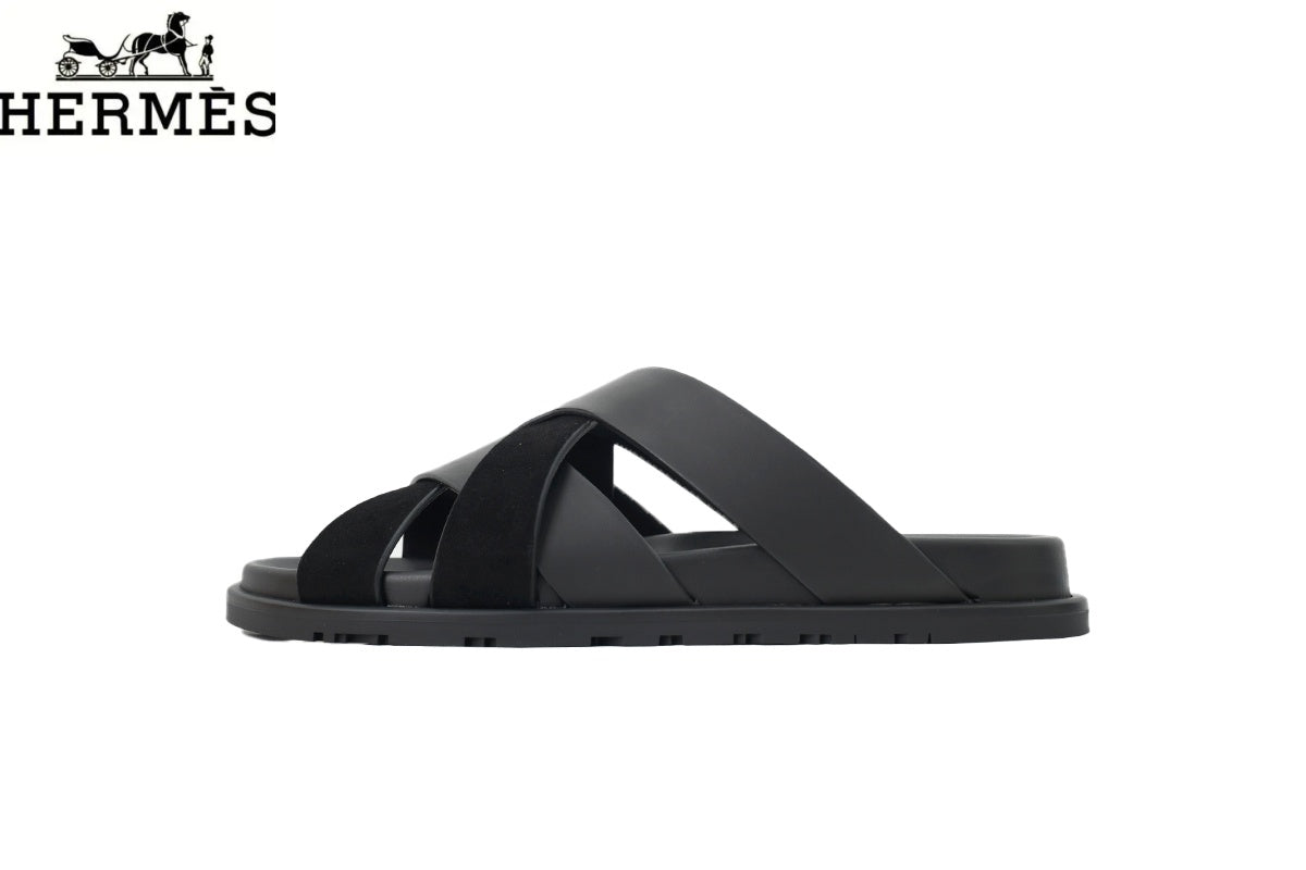 Hermès Black Leather and Suede Cross-Strap Slide Sandal