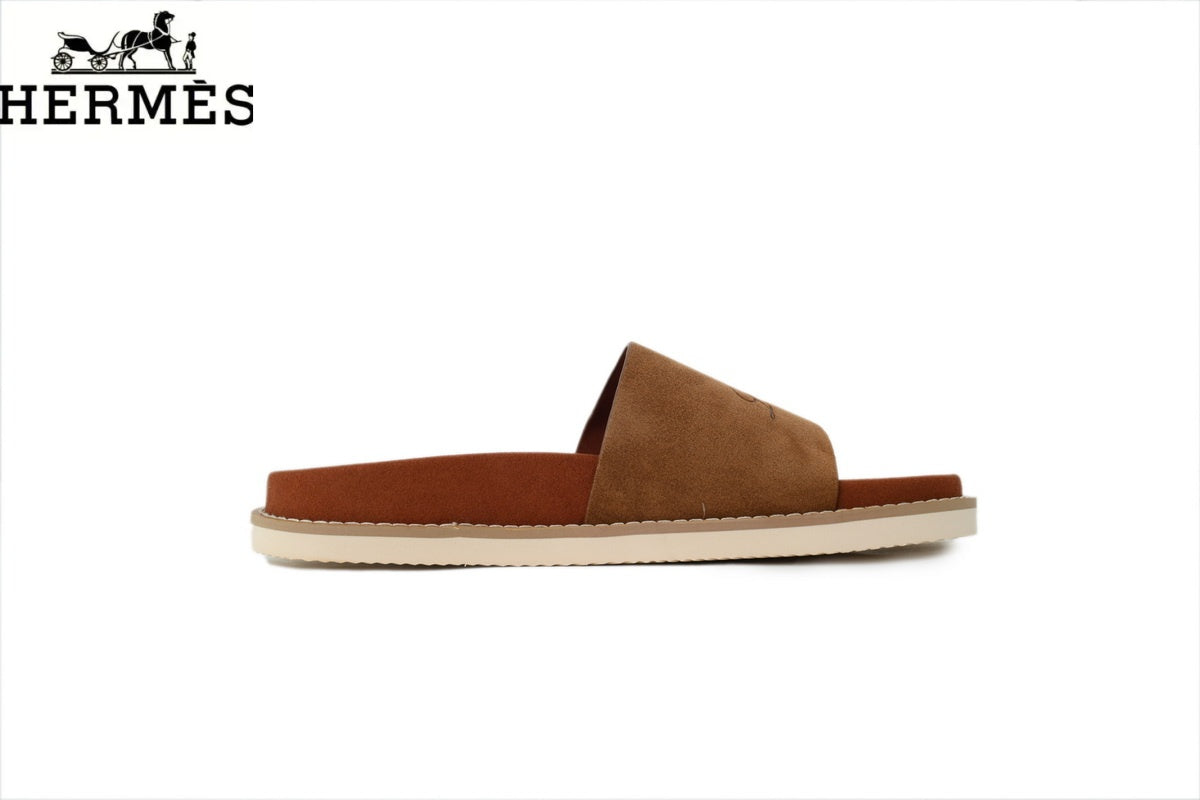 Hermès Chestnut Brown Suede Single-Band Slide Sandal
