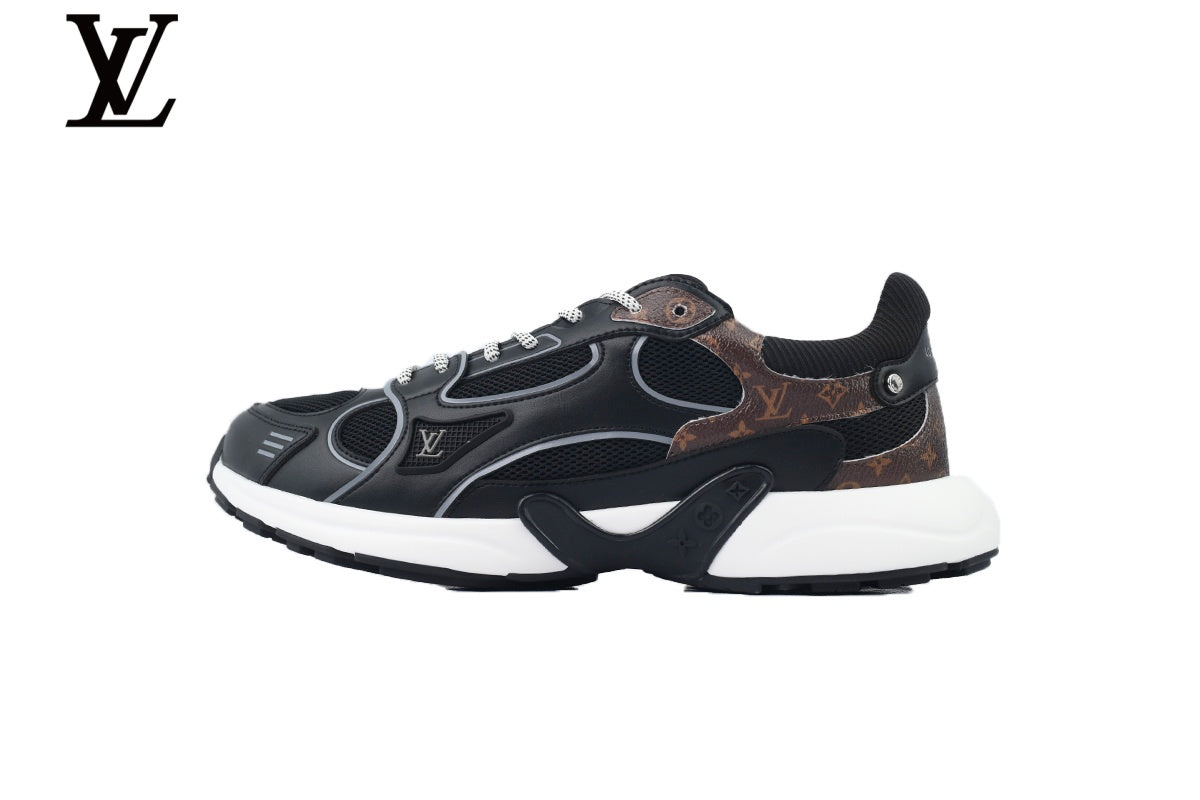 Louis Vuitton Low Top Sneaker – Black Mesh & Leather with Monogram Panel & White Outsole