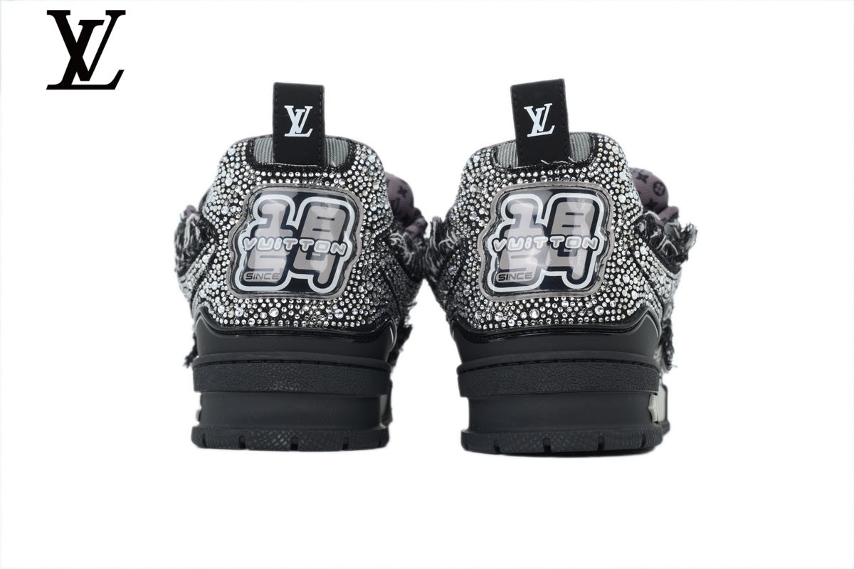 Louis Vuitton Trainer shoes for man  women Sneaker – Black Mesh with Rhinestone Embellishment