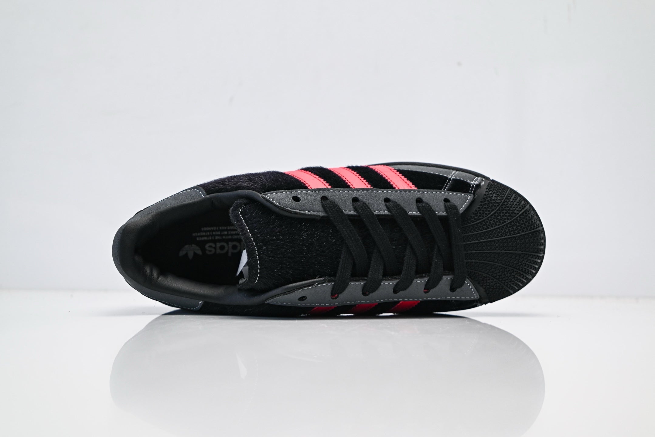 adidas Originals Superstar – Dark Gray & Black Faux Fur with Bright Red 3-Stripes Shell Toe