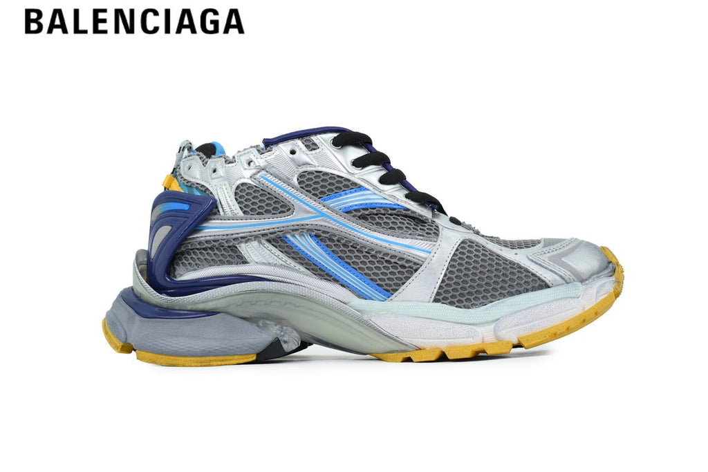 Balenciaga Runner Mid Sneaker — Silver Mesh, Blue & Yellow Synthetic Overlays