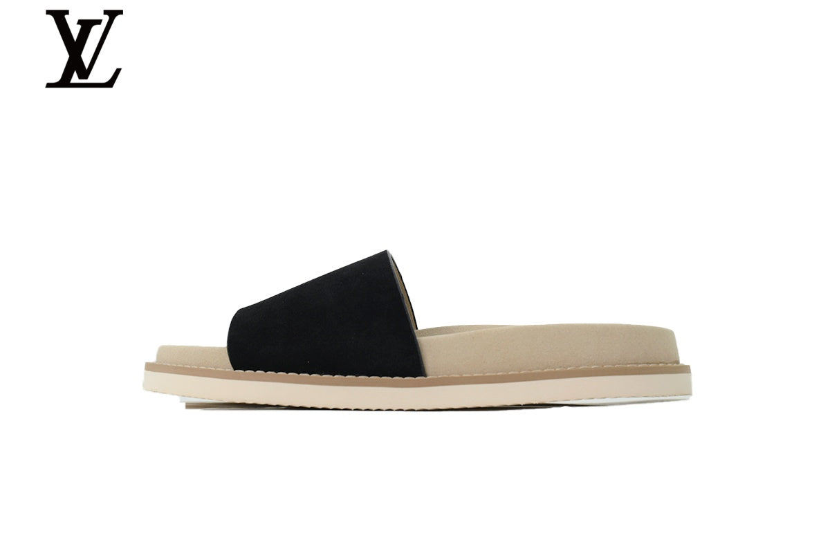 Louis Vuitton Single Strap Slide Sandal – Black Suede Leather & Beige Footbed