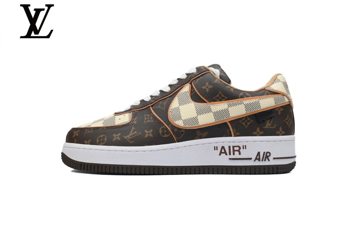 Louis Vuitton × Nike Air Force 1 Brown Monogram Checkered Sneakers shoes for man  women