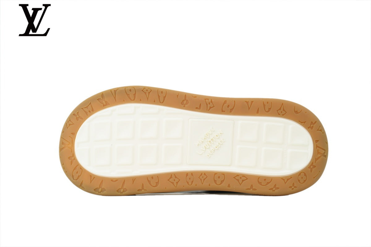 Louis Vuitton Low Top Sneaker in Brown Suede with White Leather Trim and Gum Sole
