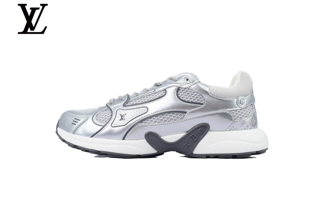 Louis Vuitton Low Top Sneaker – Silver Metallic Leather & Mesh with White Midsole