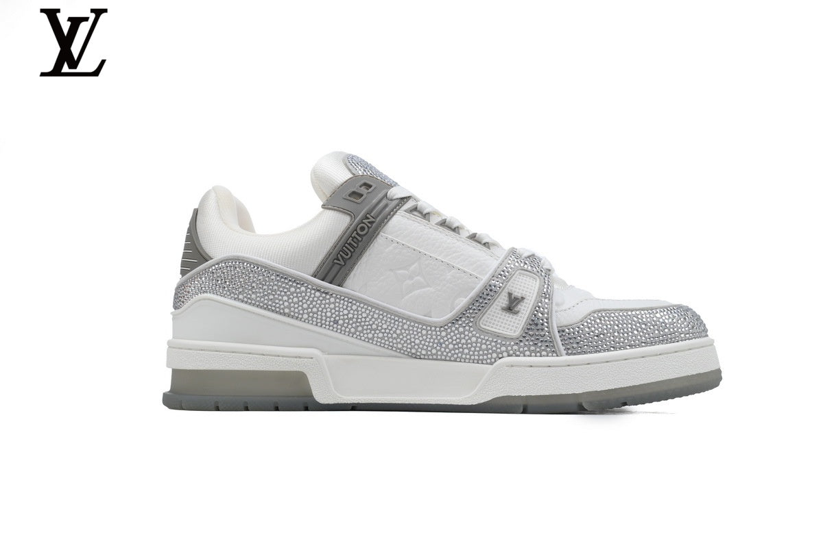 Louis Vuitton LV shoes for man  women Trainer Sneaker – White & Silver Rhinestone