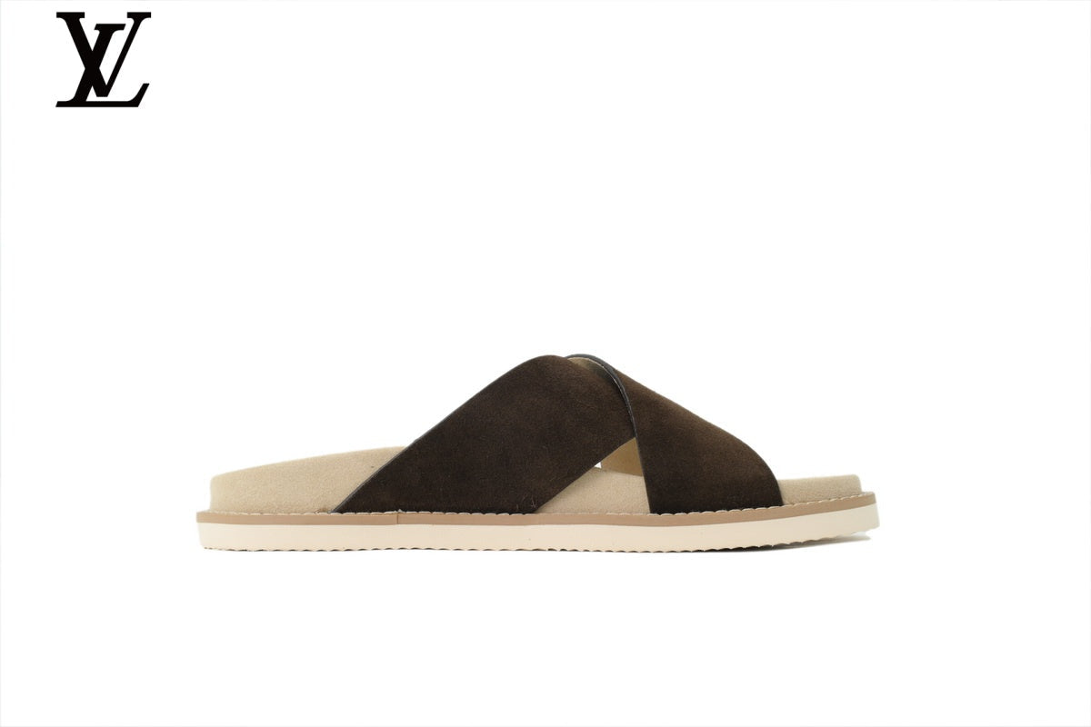 Louis Vuitton shoes for man  women Slide Sandal in Dark Brown Suede with Cross Strap