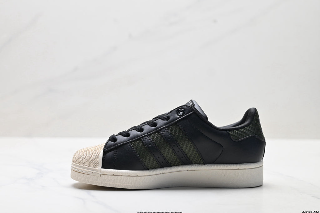 adidas Originals Superstar — Black & Olive-Green Woven | Off-White Shell Toe