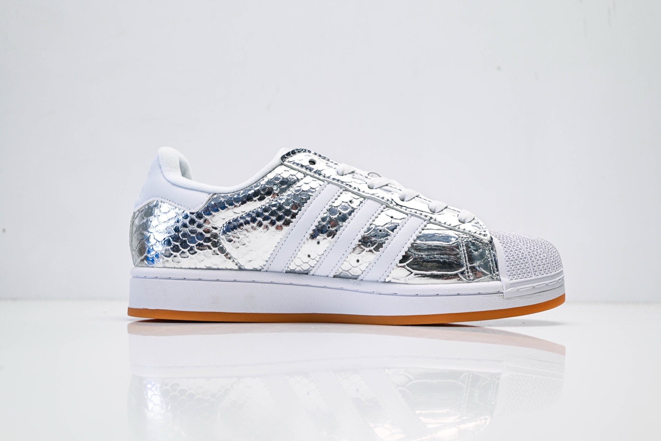 adidas Originals Superstar – Silver Snake-Embossed Upper with White 3-Stripes & Gum Shell Toe
