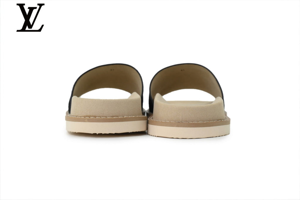 Louis Vuitton Single Strap Slide Sandal – Black Suede Leather & Beige Footbed