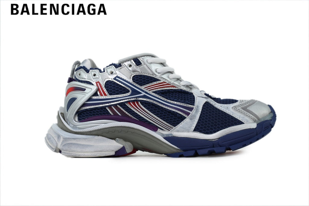 Balenciaga Runner Mid Sneaker — Navy Mesh, Silver, Red & Purple Synthetic Overlays