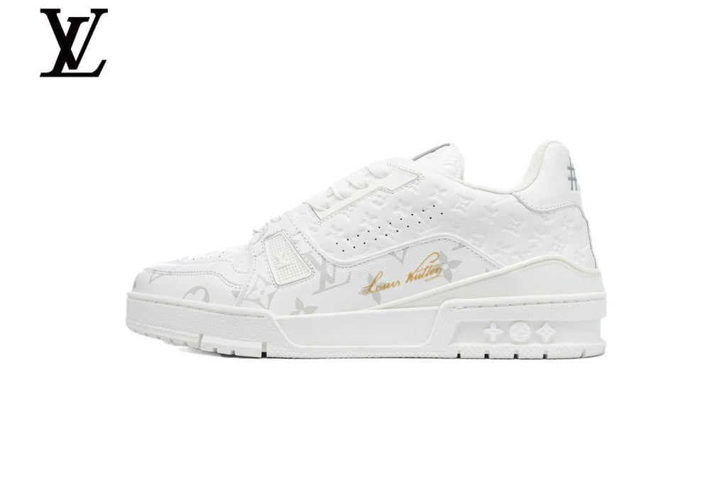 Louis Vuitton Low Top Trainer – White Monogram Embossed Leather & Gold Signature