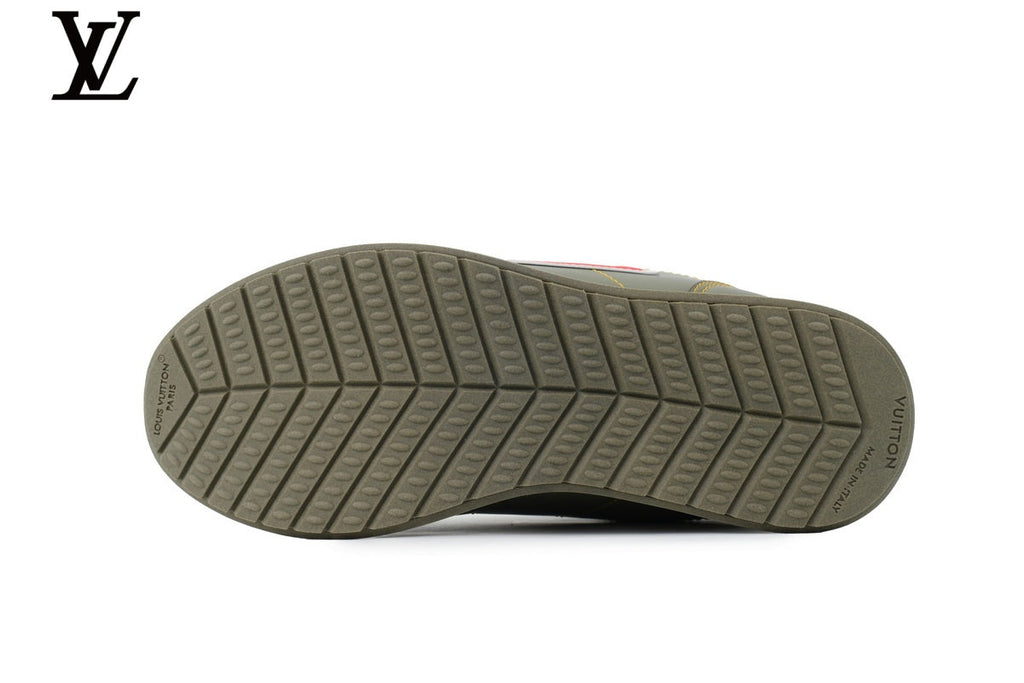 Louis Vuitton Low Top Sneaker in Olive Smooth Leather with Red LV Logo