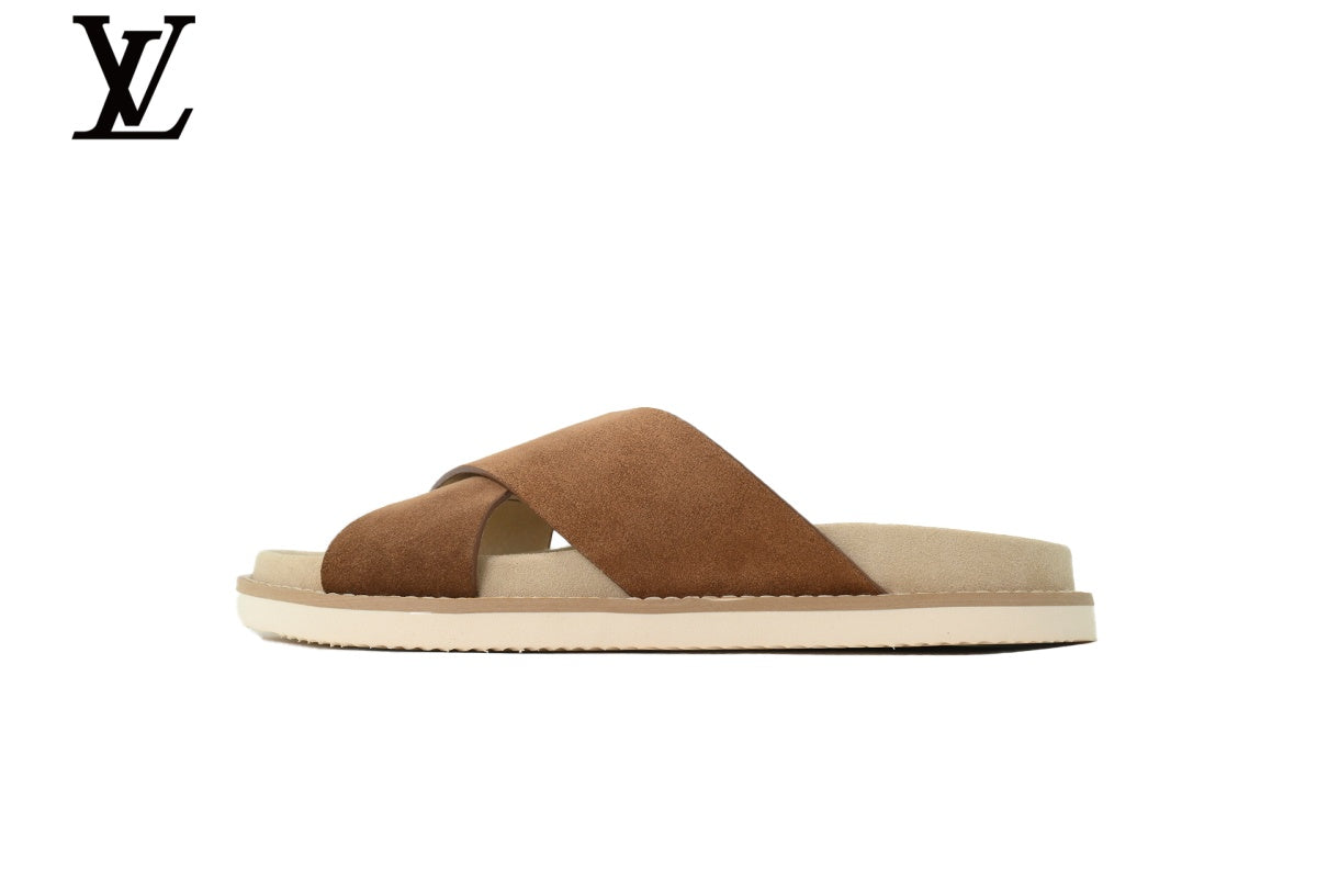 Louis Vuitton Cross Strap Slide Sandal – Brown Suede Leather & Beige Footbed