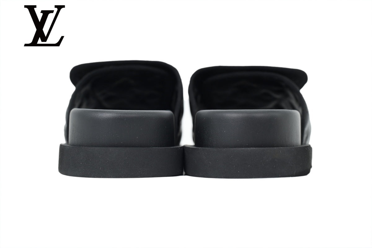 louis vuitton shoes for man  women Black Monogram-Pattern Leather-Look Slides | Sizes 35–46