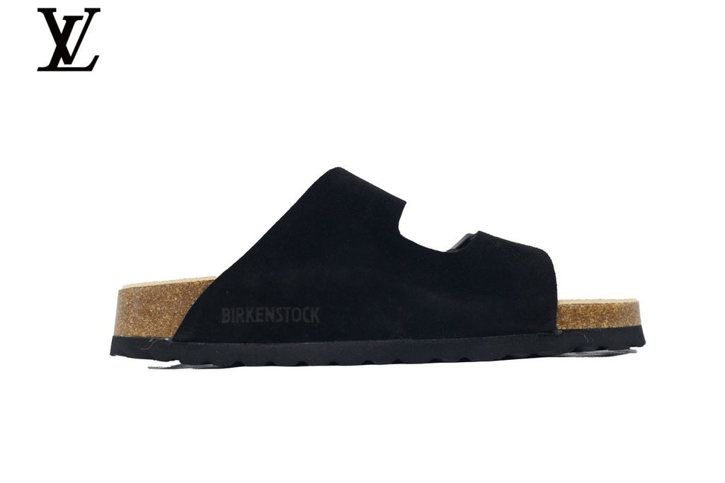 louis vuitton shoes for man  women Birkenstock Slide Sandal in Black Suede with Double Buckle and Cork Footbed