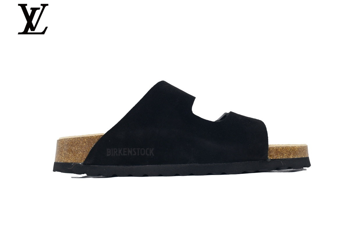 louis vuitton shoes for man  women Birkenstock Slide Sandal in Black Suede with Double Buckle and Cork Footbed