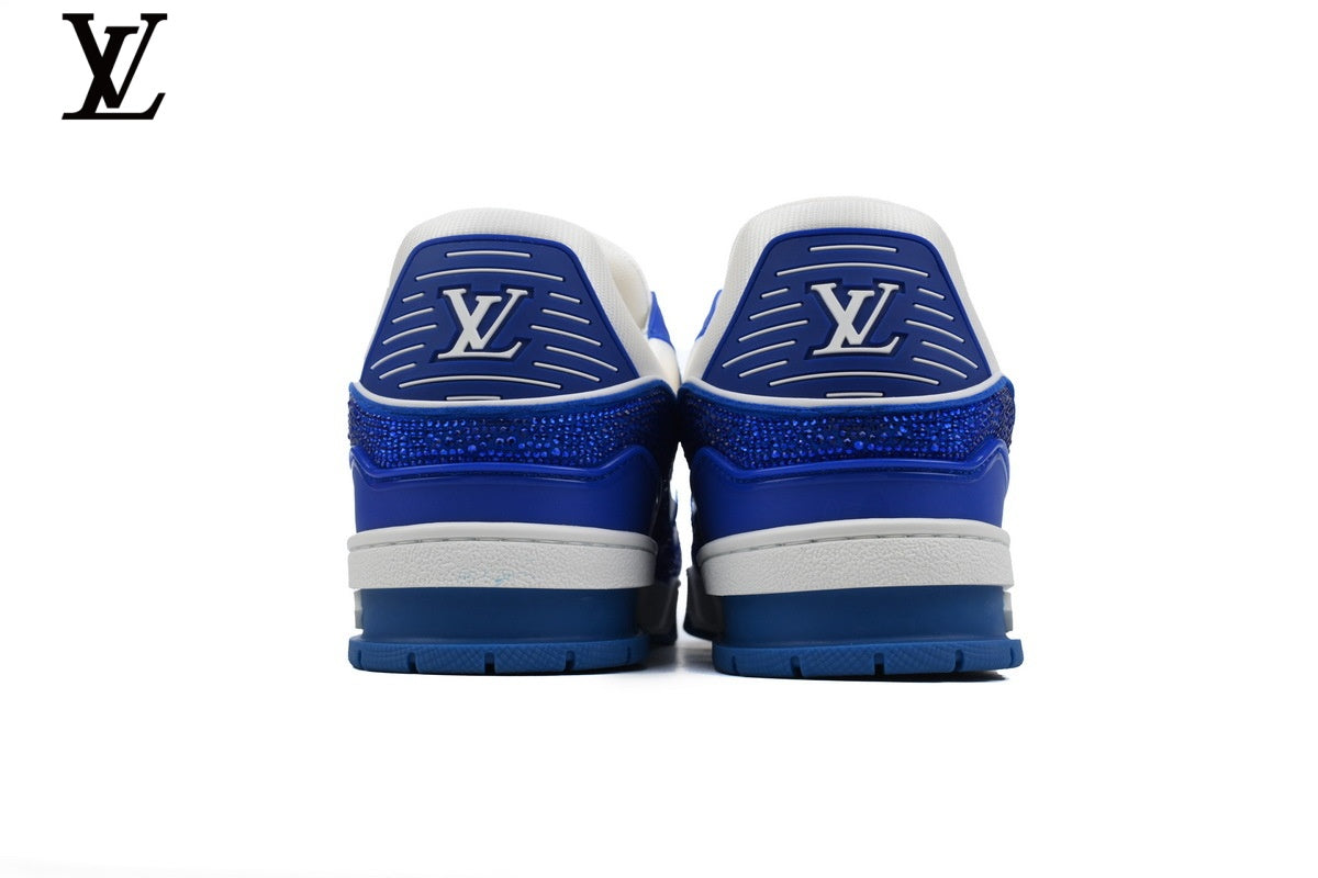 Louis Vuitton LV shoes for man  women Trainer Sneaker – White & Blue Rhinestone