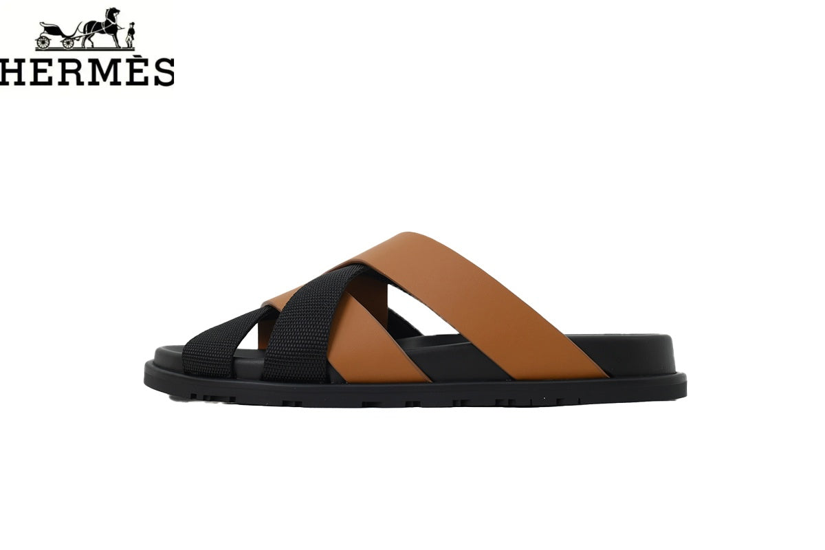 Hermès   slides Tan Leather and Black Fabric Cross-Strap Slide Sandal