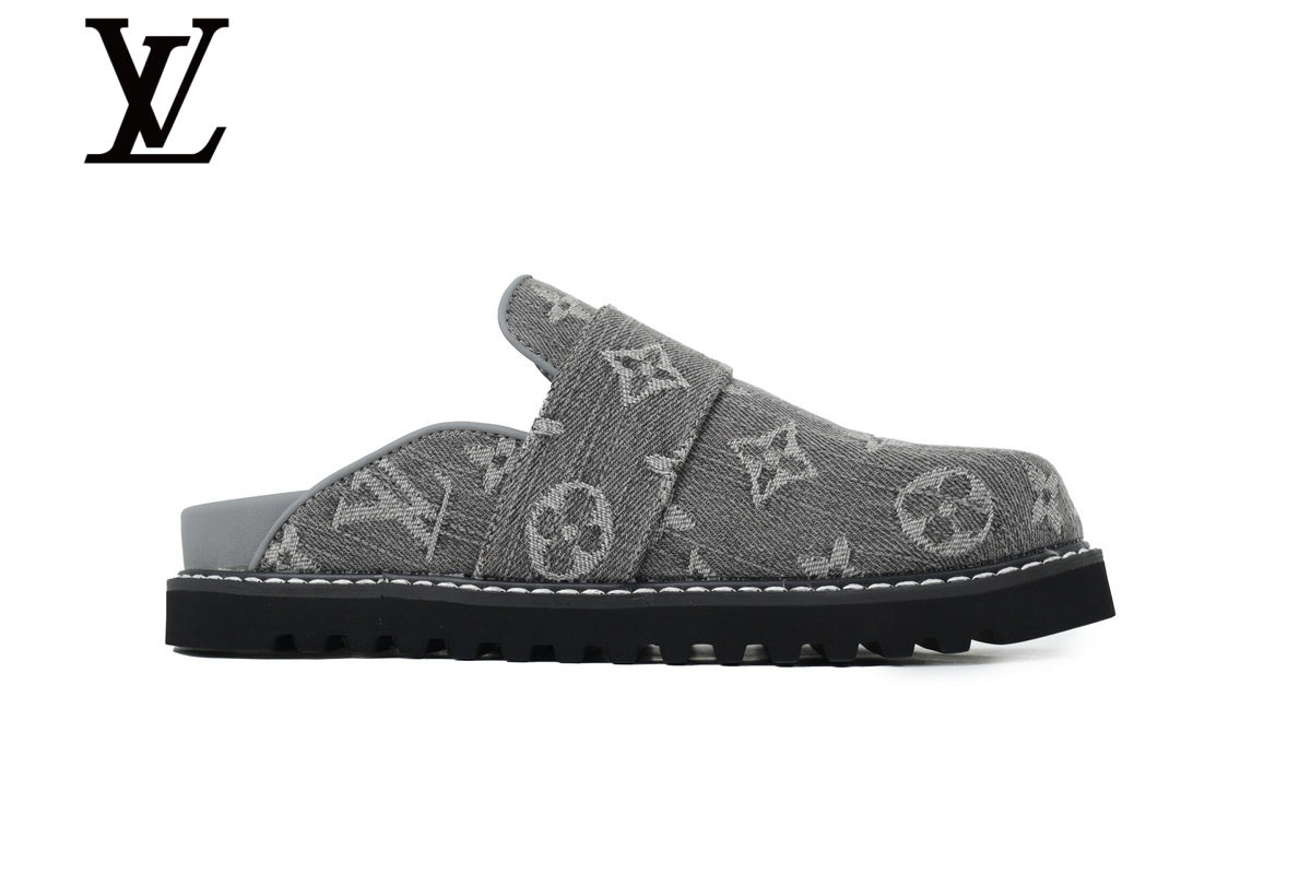 louis vuitton shoes for man  women Grey Monogram-Pattern Denim Mules | Sizes 35–46