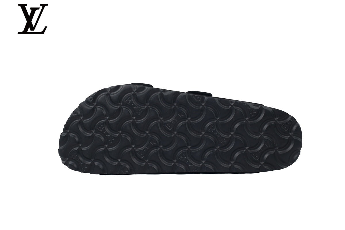 louis vuitton shoes for man  women Birkenstock Slide Sandal in Black Suede with Double Buckle and Cork Footbed