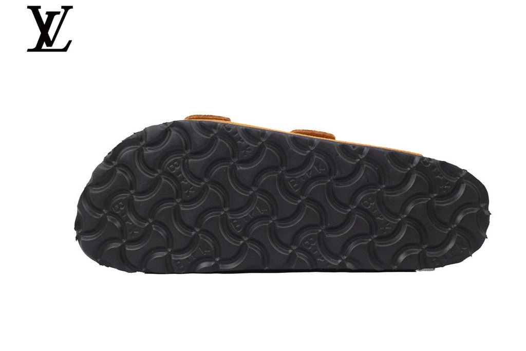 louis vuitton shoes for man  women Birkenstock Slide Sandal in Tan Suede with Double Buckle and Cork Footbed