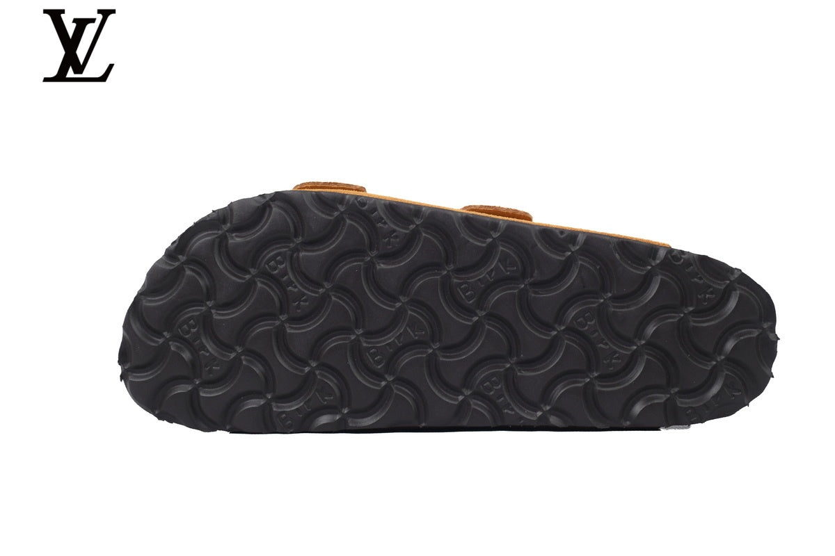 louis vuitton shoes for man  women Birkenstock Slide Sandal in Tan Suede with Double Buckle and Cork Footbed
