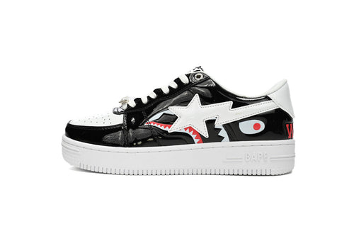 A BATHING APE BAPE STA Glossy Black & White Shark Graphic Sneakers | Women's & Men's Skate-Inspired Shoes