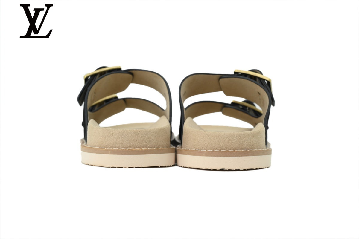 Louis Vuitton Double Strap Slide Sandal – Black Suede Leather & Gold Buckle