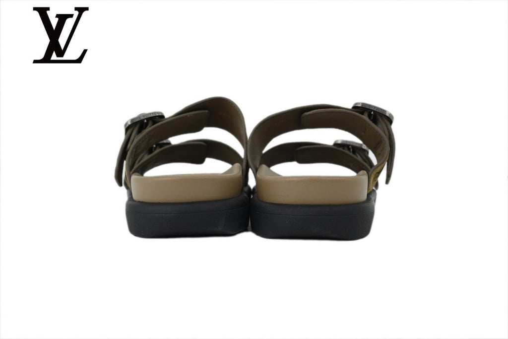 louis vuitton shoes for man  women Khaki Monogram-Pattern Suede-Look Double-Strap Slides | Sizes 35–46