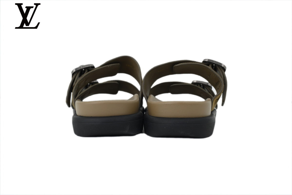 Louis Vuitton Beige Monogram Gold Buckle Double Strap Slide