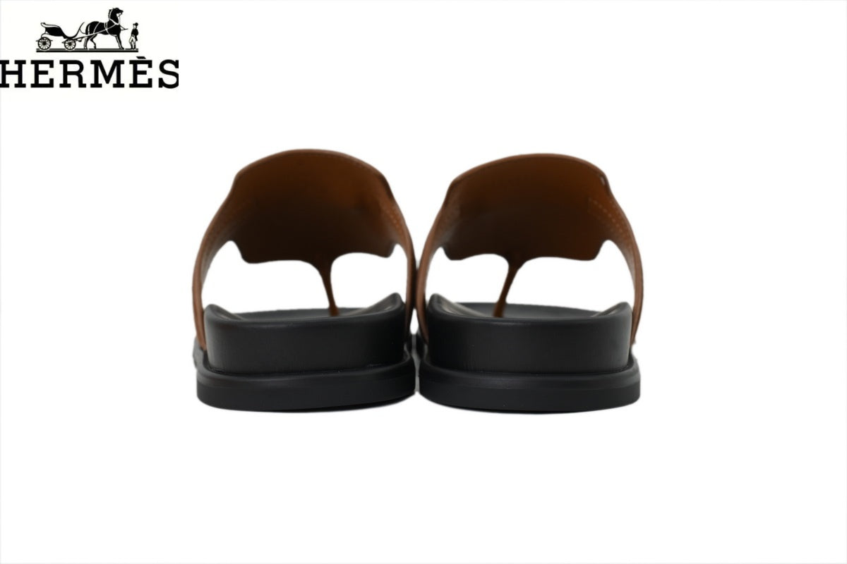 Hermès Tan Leather Flip-Flop Slide with Metal Buckle