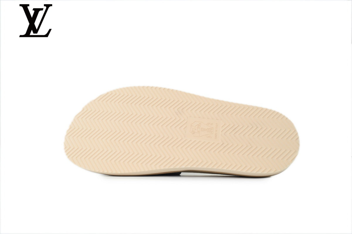 Louis Vuitton Single Strap Slide Sandal – Dark Grey Suede Leather & Beige Footbed