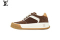 Louis Vuitton Low Top Sneaker in Brown Suede with White Leather Trim and Gum Sole