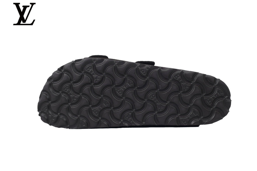louis vuitton shoes for man  women Birkenstock Slide Sandal in Dark Coffee Suede with Double Buckle and Cork Footbed
