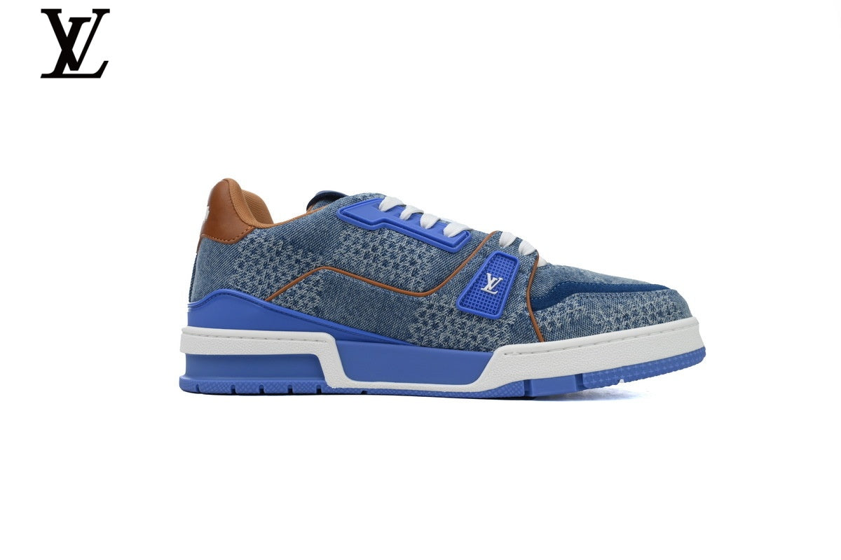 Louis Vuitton LV shoes for man  women Trainer Sneaker – Blue Denim & Brown