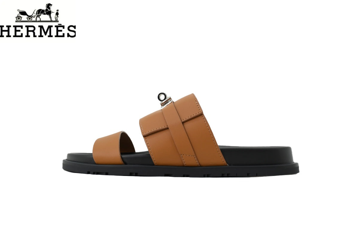Hermès   slides Tan Leather Dual-Strap Slide Sandal