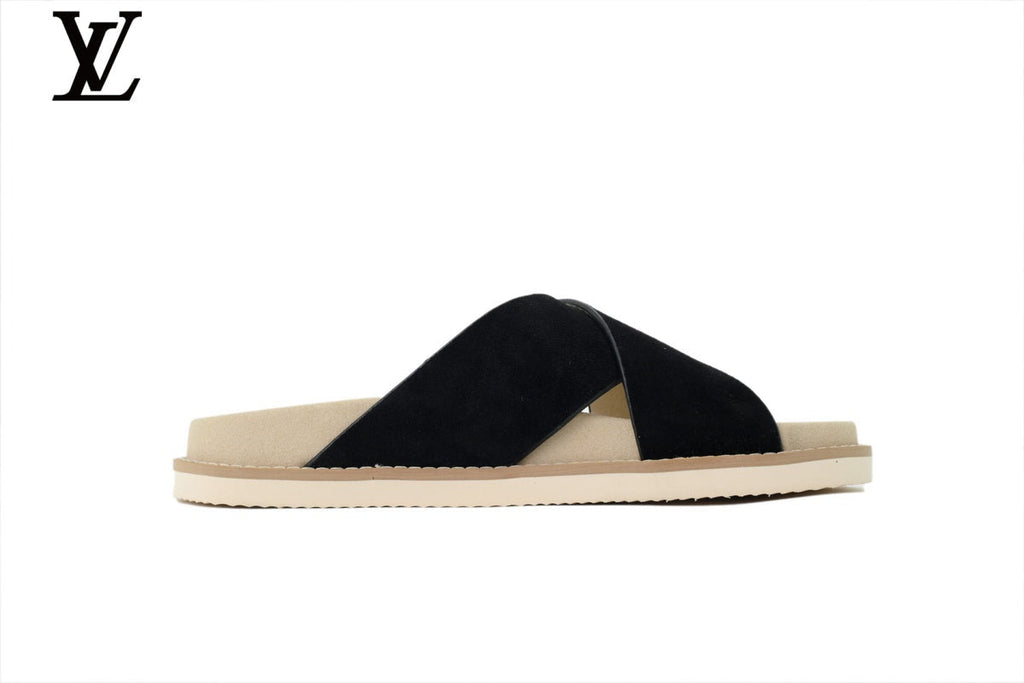 Louis Vuitton Slide Sandal in Black Suede with Cross Strap