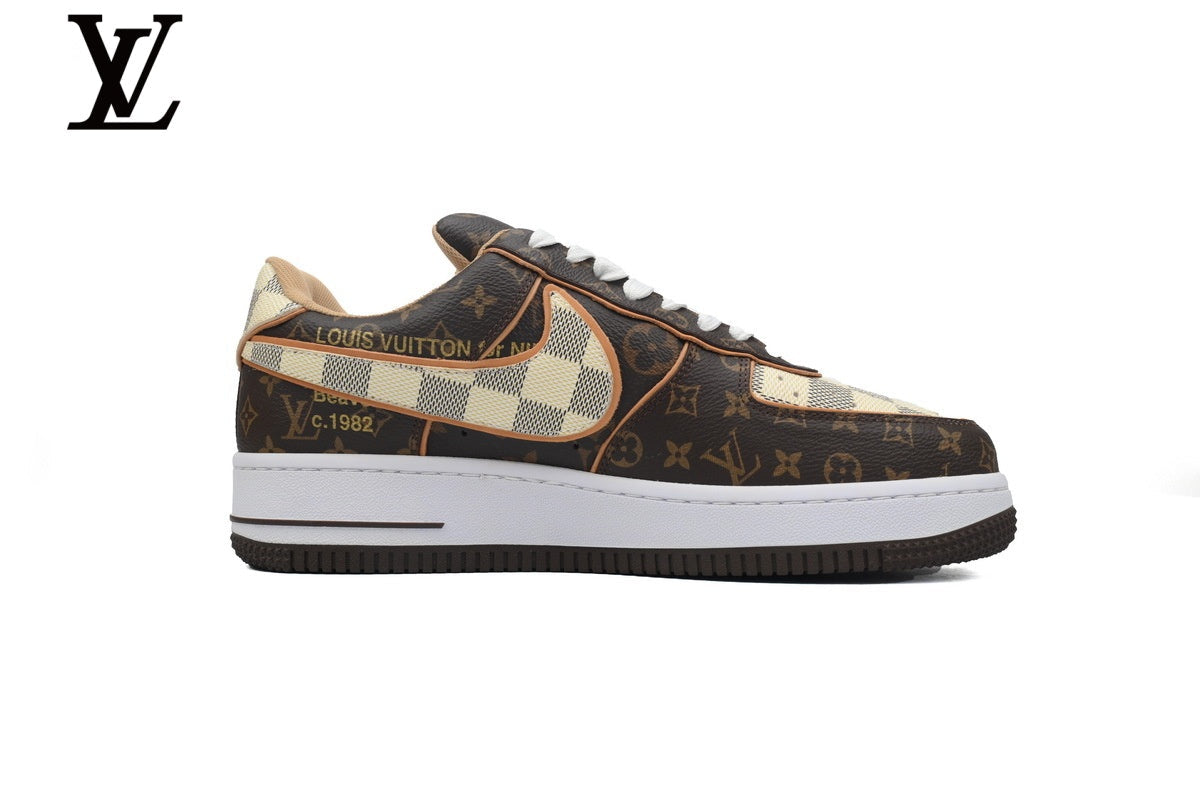Louis Vuitton × Nike Air Force 1 Brown Monogram Checkered Sneakers shoes for man  women